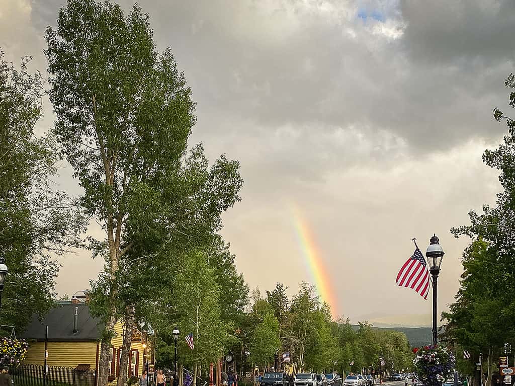 Rainbow on main street in Breckenridge in summer