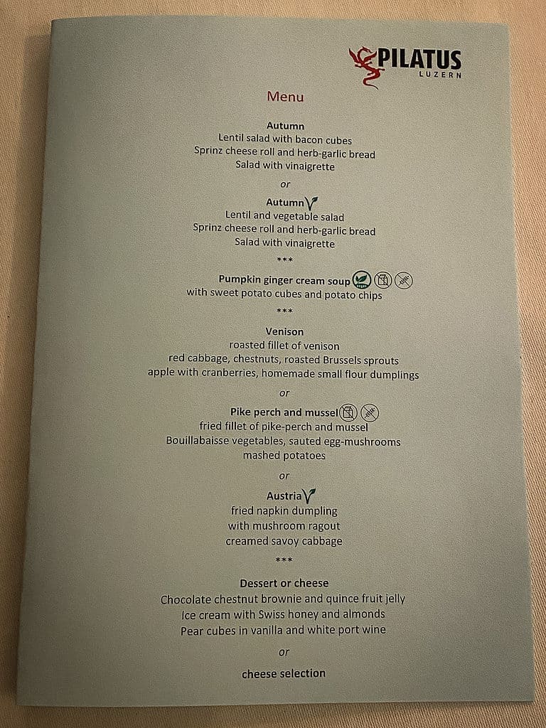 20220905 Anniversary 2436 LRE Web Autumn dinner menu at the Queen Victoria Dining Room, Hotel Pilatus Kulm.