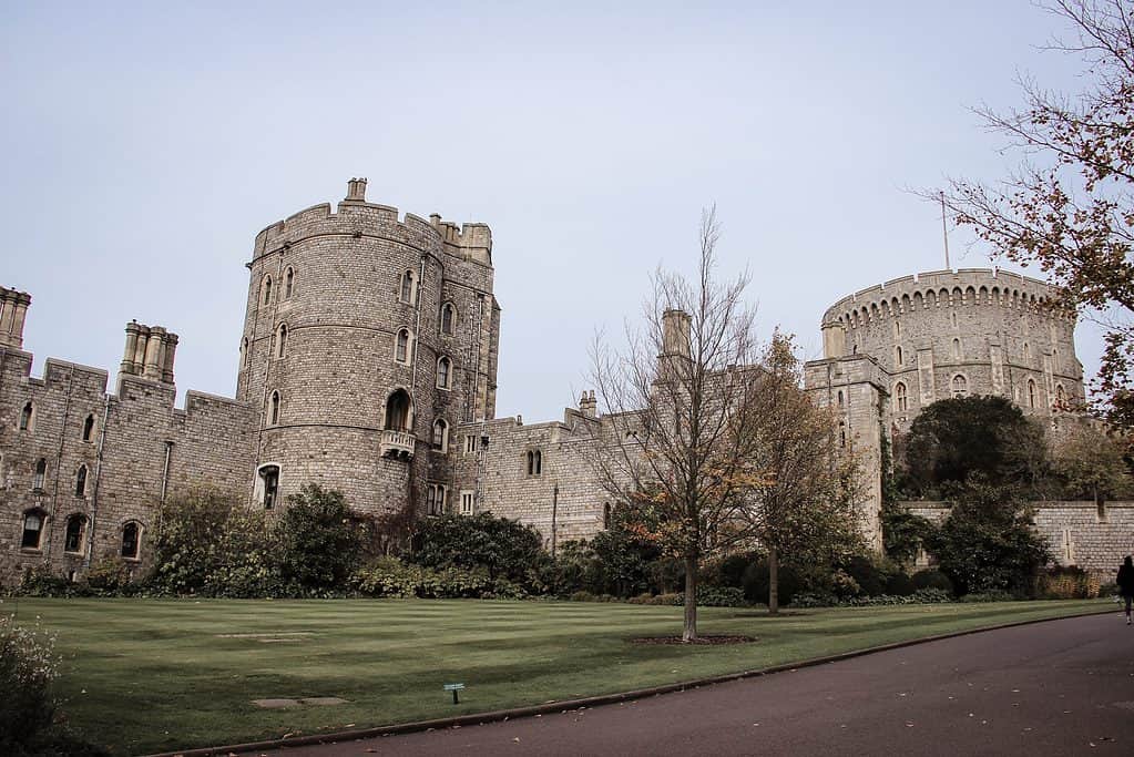 Windsor Castle's stone towers and battlements in Windsor, England.