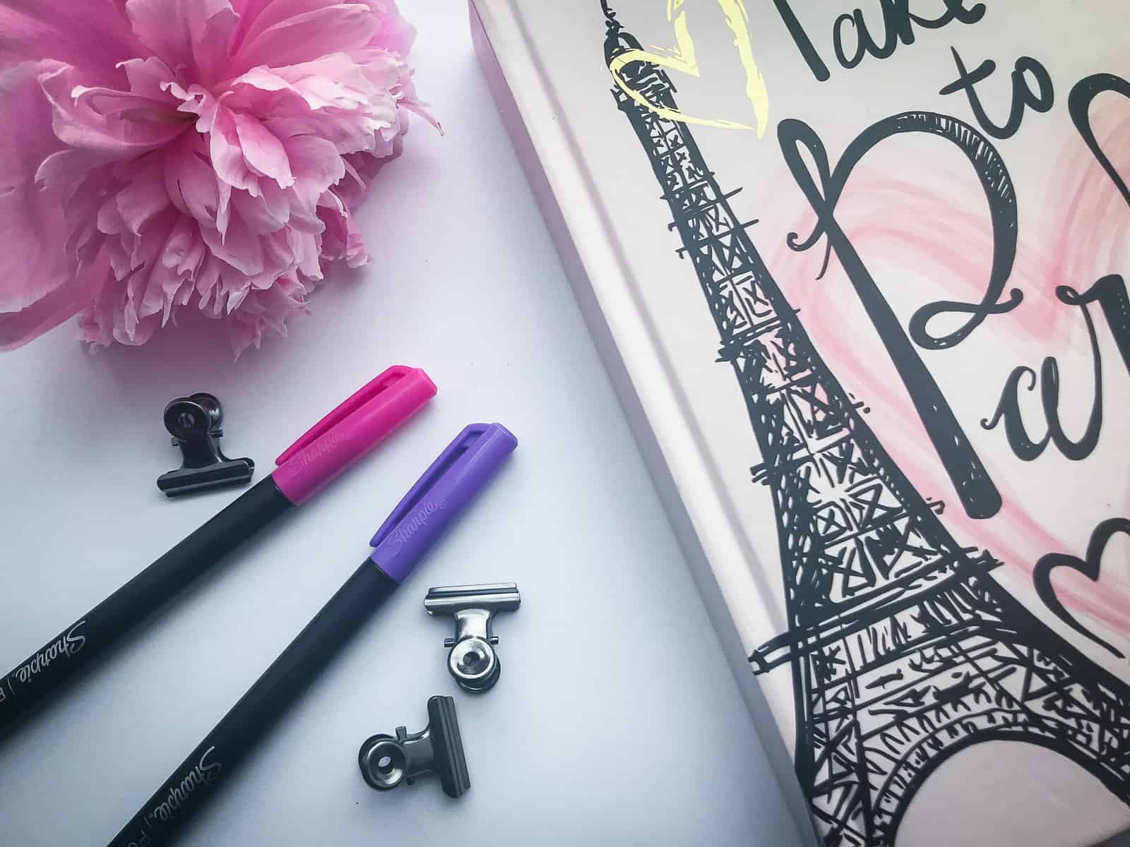 A flat‑lay journal with pens, clips, and a Paris‑themed cover, perfect for a guide filled with travel journal ideas.