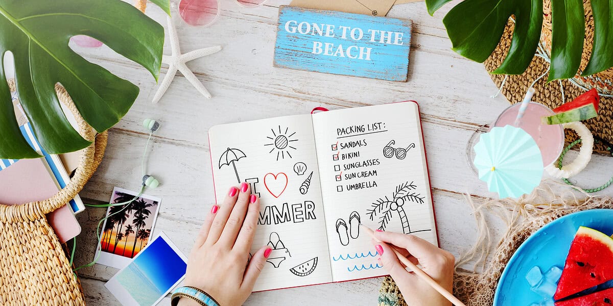 Beachpacking by rawpixel Flat lay of a summer travel packing list with beach accessories, tropical leaves, photos, and a “Gone to the Beach” sign. Perfect inspiration for what to pack for Panama.