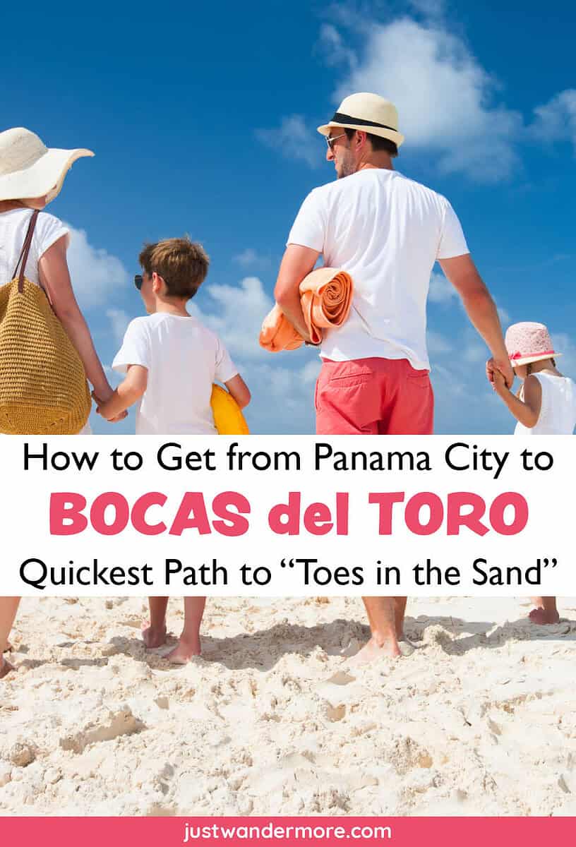 Family walking along a sunny beach with text overlay promoting a guide on getting from Panama City to Bocas del Toro.