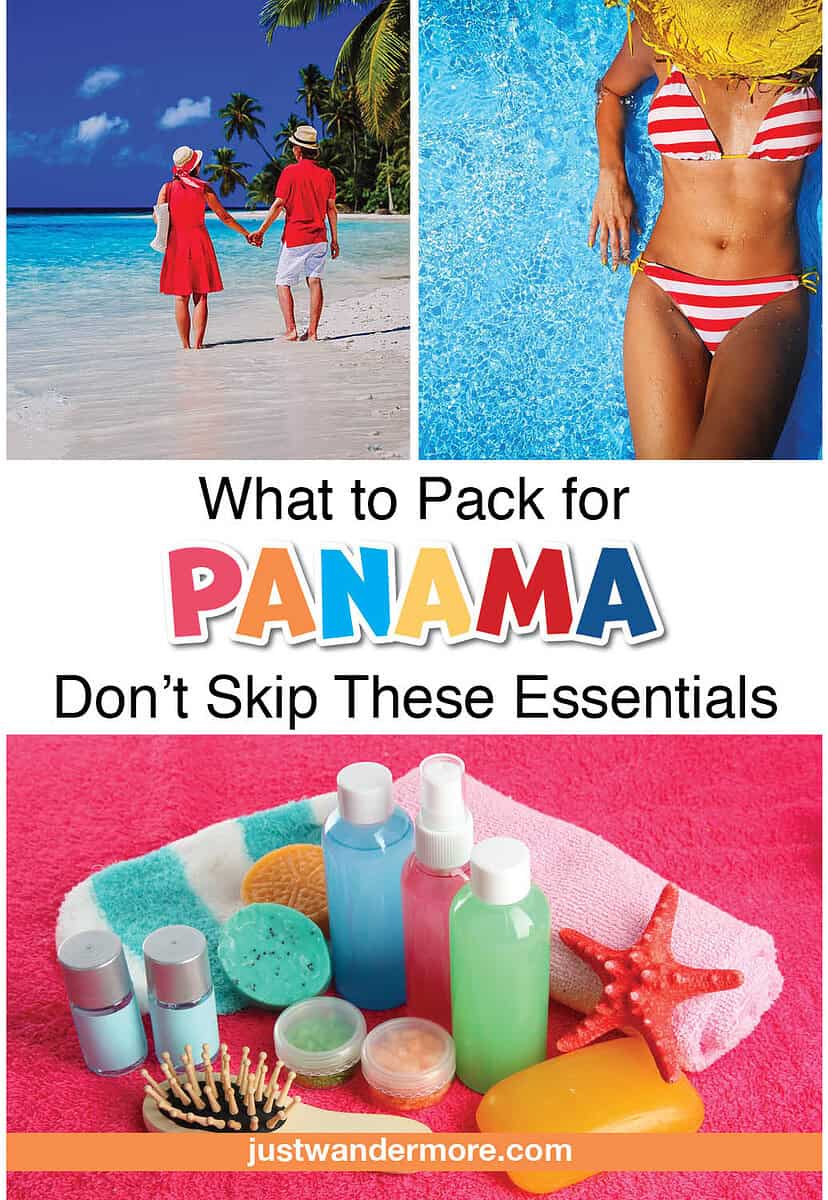 Collage showing Panama beach scenes, a woman relaxing in a pool, and travel toiletries with the text “What to Pack for Panama.”