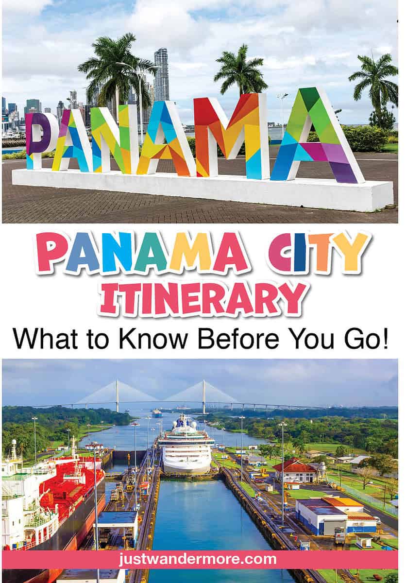 Panama Travel Itinerary1 Collage featuring the colorful Panama sign, Panama City skyline, and Panama Canal, promoting a Panama City itinerary.