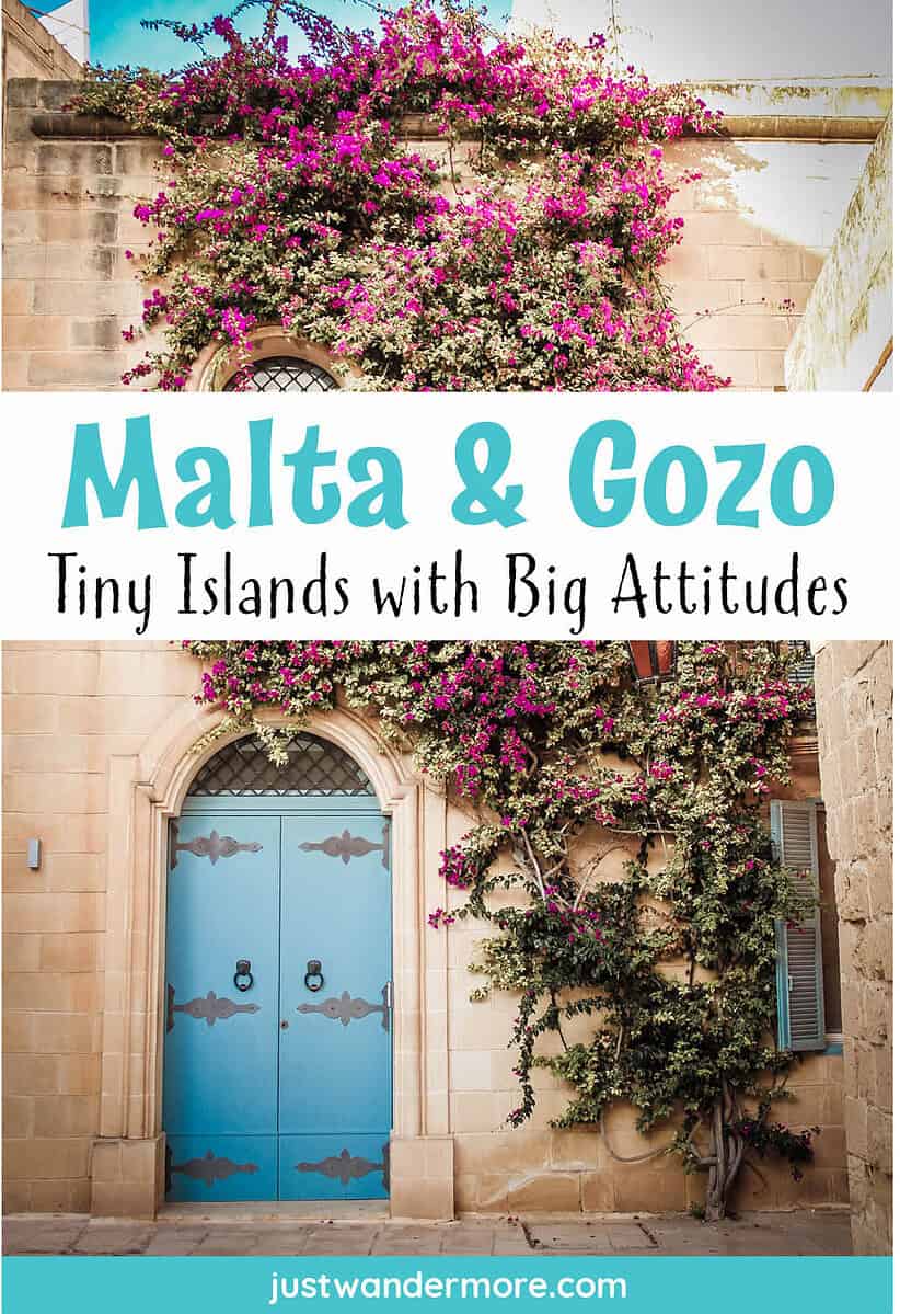 A bright blue Maltese doorway framed by blooming pink bougainvillea, set in a warm stone wall with a matching blue shuttered window beside it.