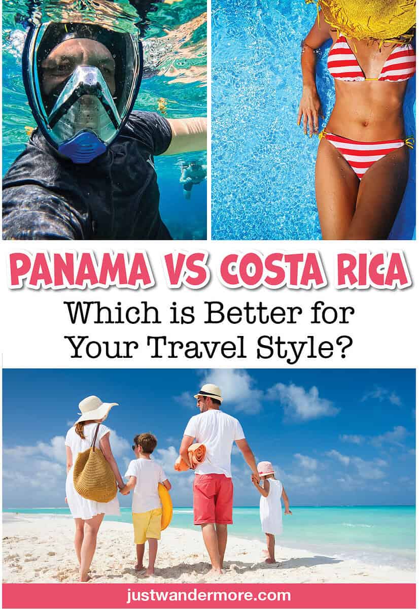 Panama vs Costa Rica2 Panama vs Costa Rica comparison pin showing snorkeling, beach relaxation, and a family on a tropical beach—which destination is better for your travel style?