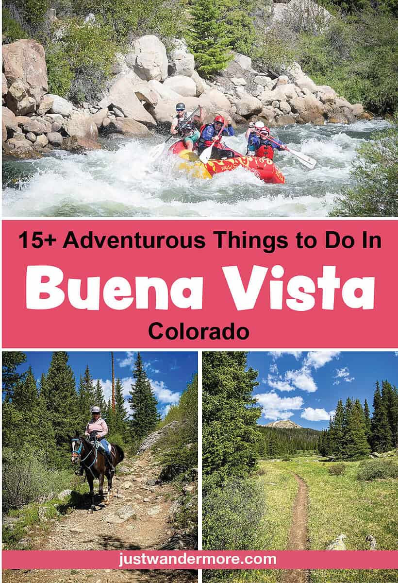 thingstodoinbuenavista2 Buena Vista Colorado Pinterest pin featuring whitewater rafting horseback riding and mountain trails highlighting things to do in Buena Vista Colorado
