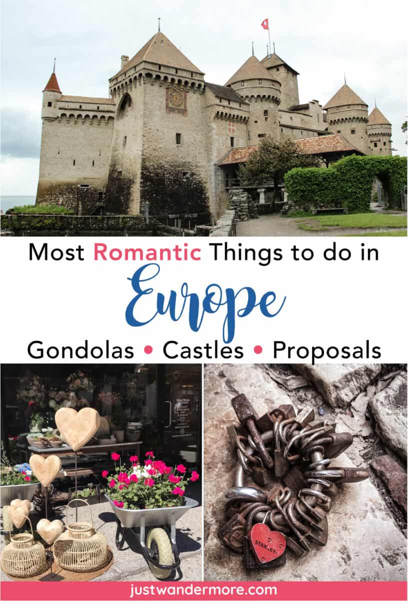 RomanticthingstodoinEurope2 Pinterest pin for 40 most romantic things to do in Europe featuring a couple holding hands at sunset on the beach with text overlay listing gondolas, castles, and proposals.