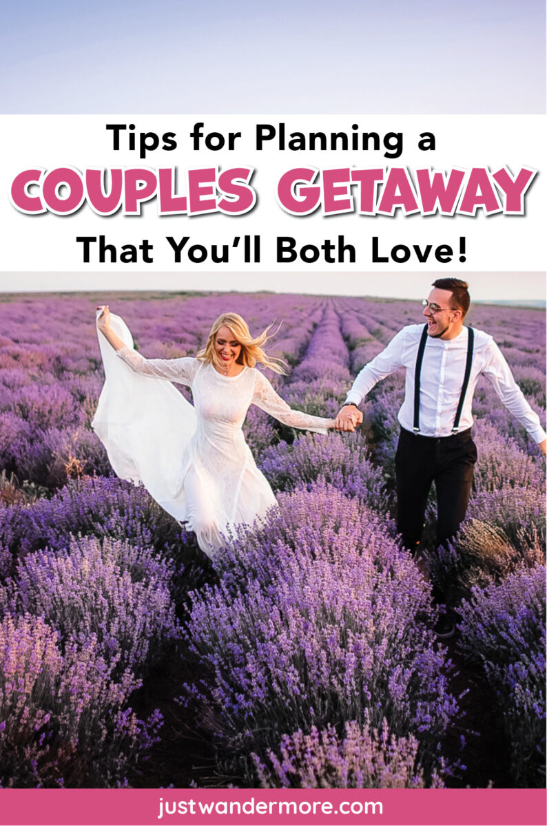 Couple running through a lavender field holding hands, illustrating tips for planning a couples getaway you'll both love.