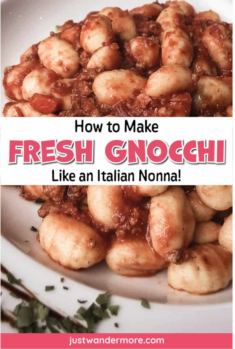 howtomakefreshgnocchi4 Pinterest pin showing two images of homemade gnocchi with bolognese sauce and the text How to Make Fresh Gnocchi Like an Italian Nonna.