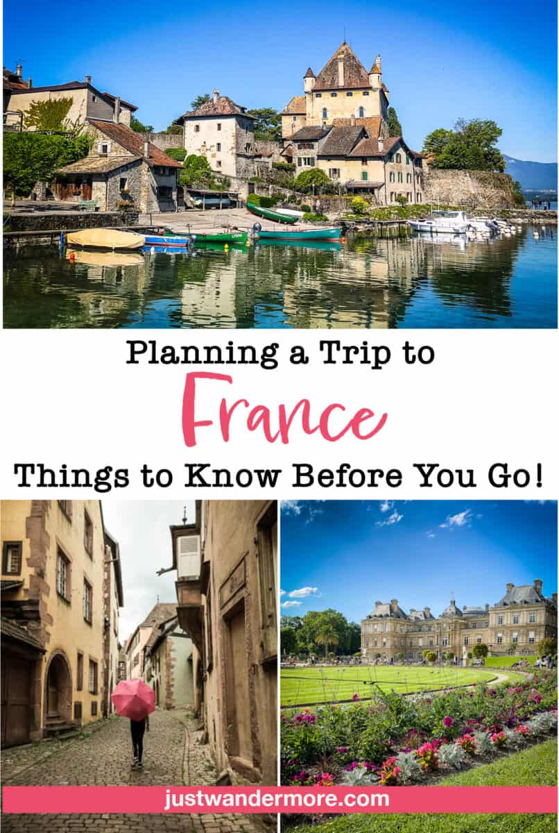 planningatriptofrance1 Pinterest pin for planning a trip to France featuring the medieval village of Yvoire, a cobblestone street with a woman holding a red umbrella, and the Luxembourg Gardens in Paris.