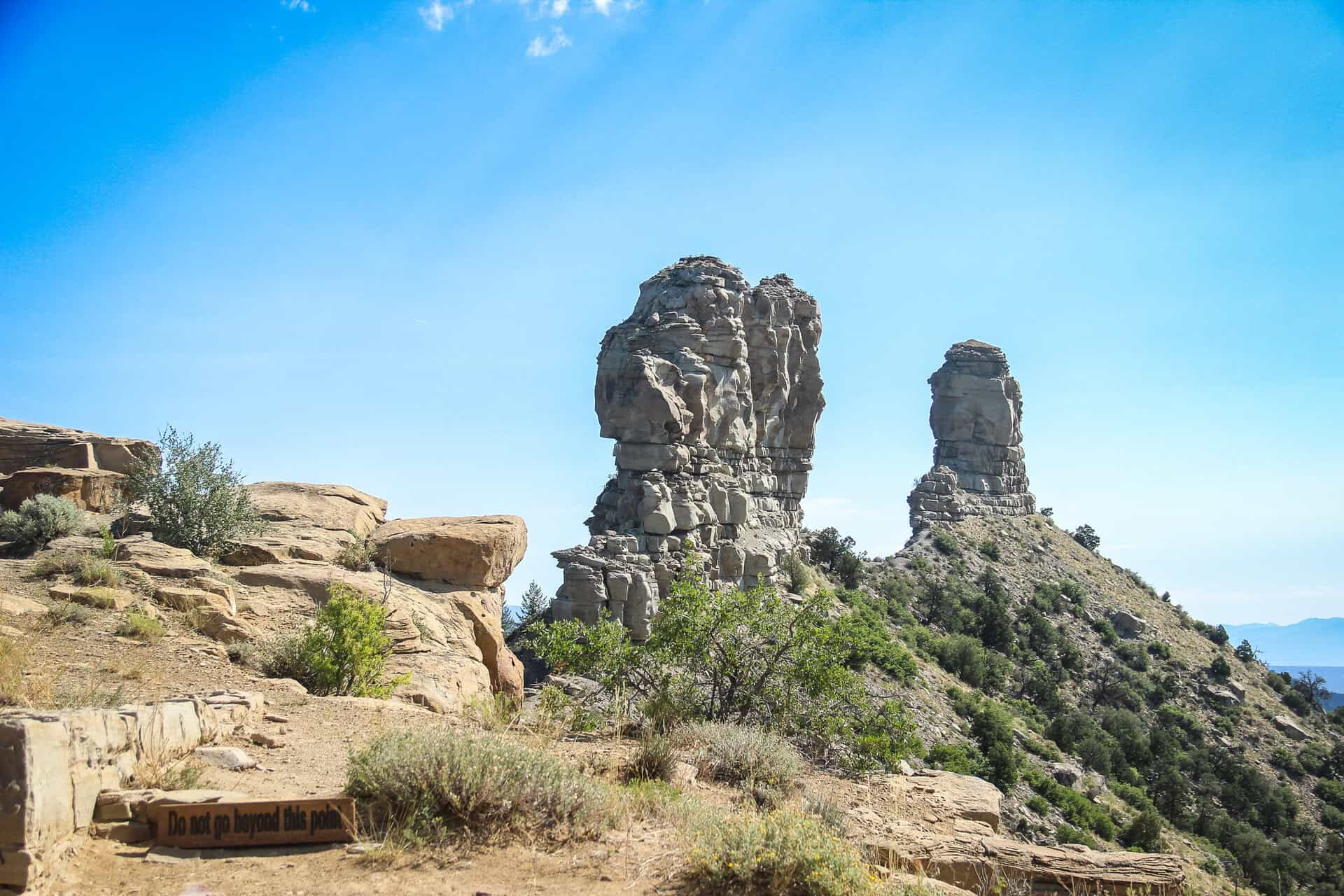 Chimney Rock and Companion Rock, the twin sandstone pinnacles at Chimney Rock National Monument in Colorado.