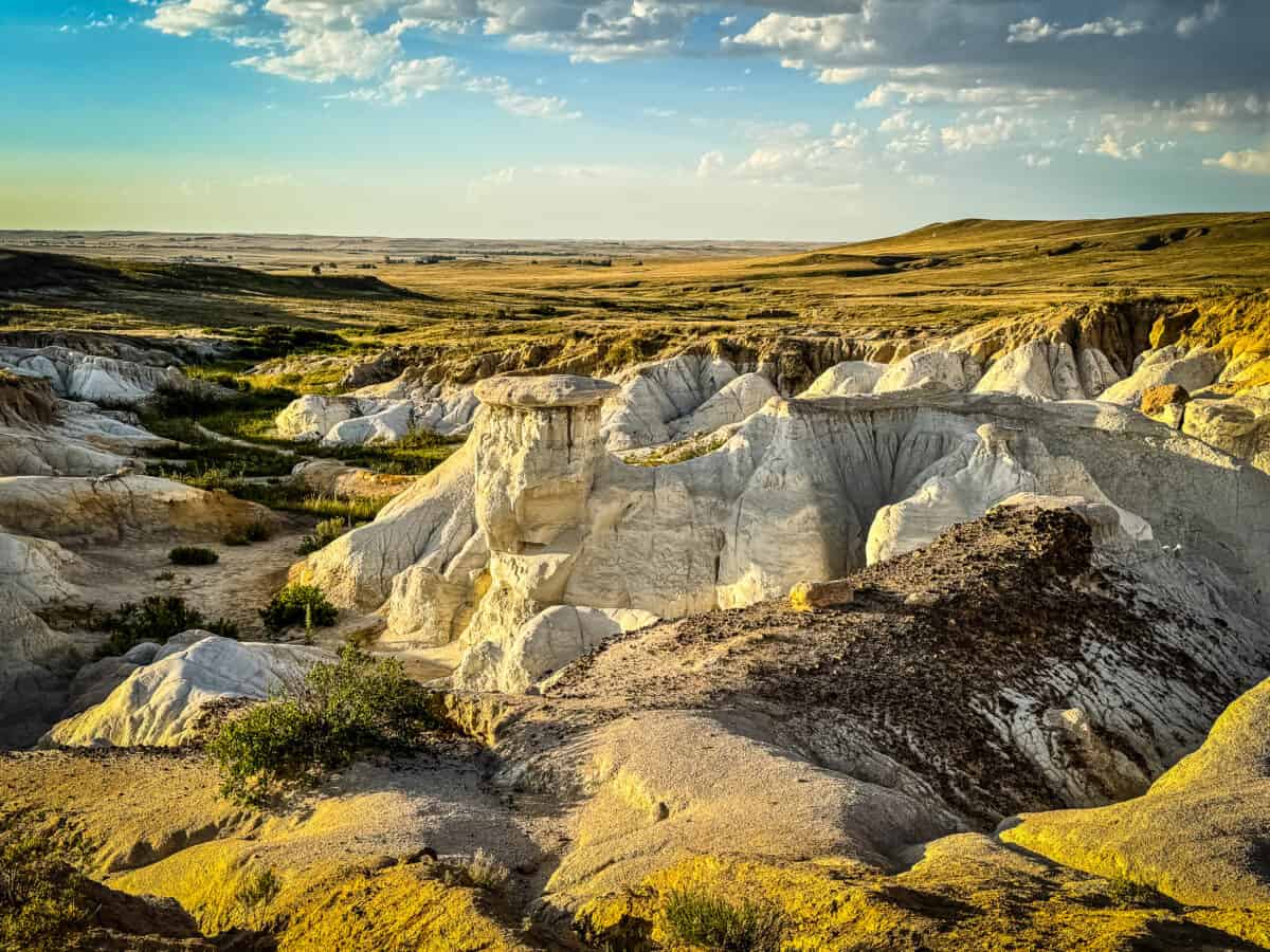 Sweeping view of white sandstone formations and golden prairie grasslands at Paint Mines Colorado.