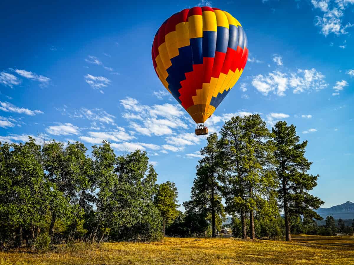 Pagosa Springs hot air balloons rising over the pines with the San Juan Mountains in the background.