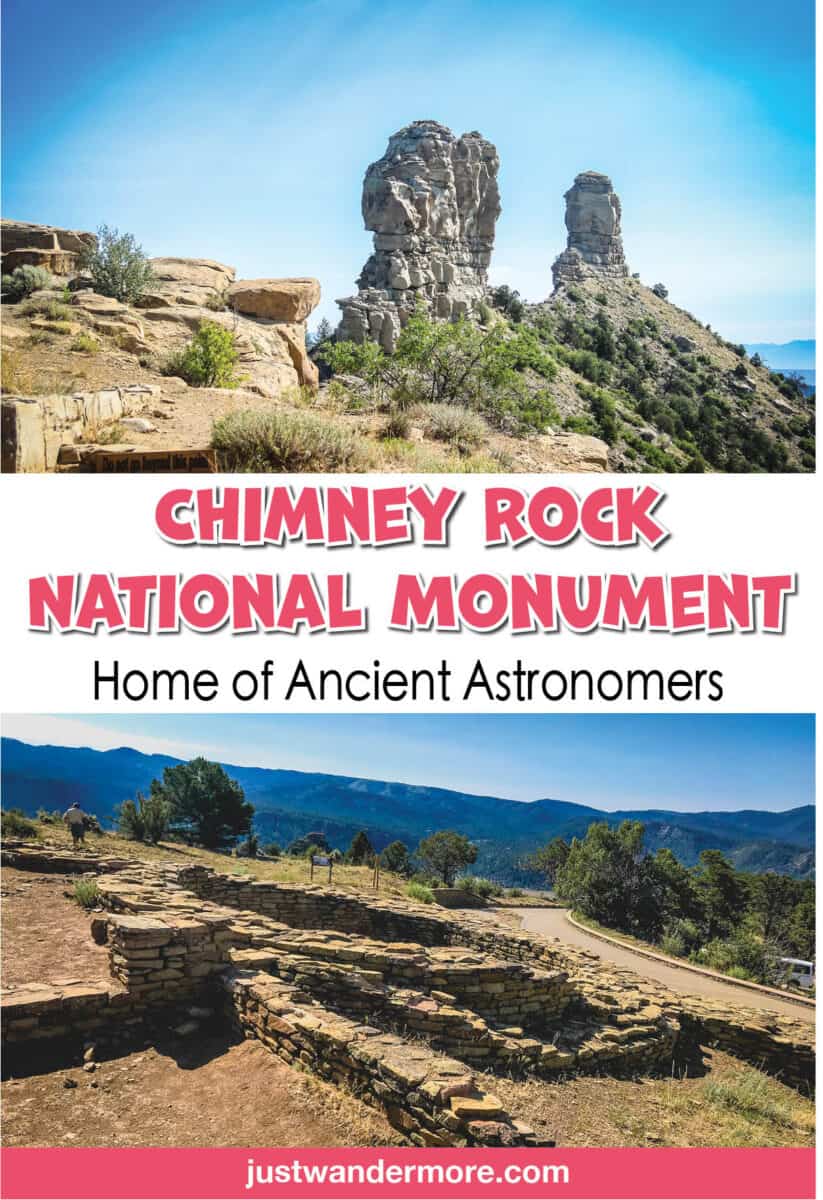 Chimney Rock National Monument Pinterest pin showing the twin sandstone pinnacles and Ancestral Puebloan ruins overlooking the San Juan National Forest in Colorado.