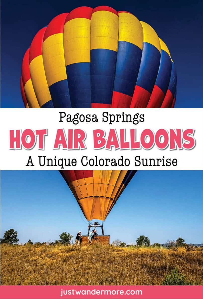 Pagosa Springs hot air balloon pin featuring a colorful balloon inflating on the ground and lifting off over a golden field.