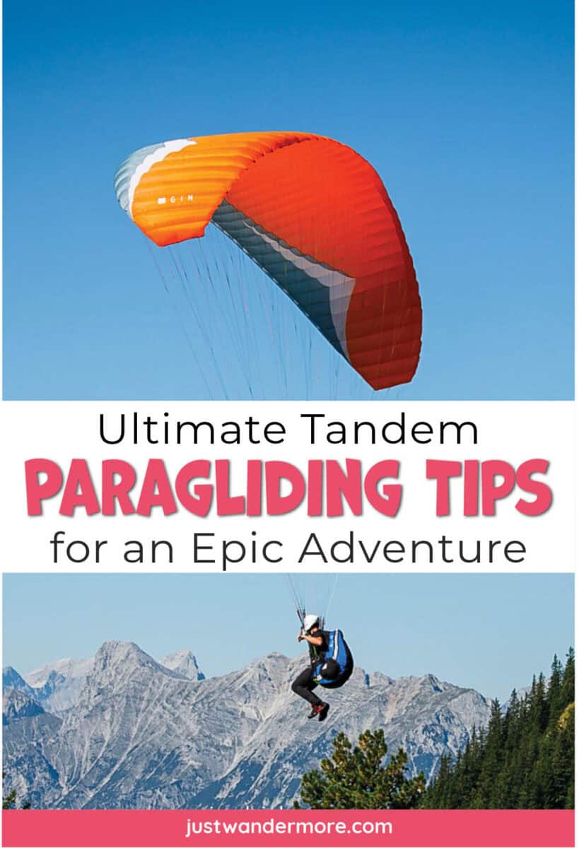 Pinterest pin for 15 essential tandem paragliding tips for an epic adventure, showing a paraglider wing over the Alps.