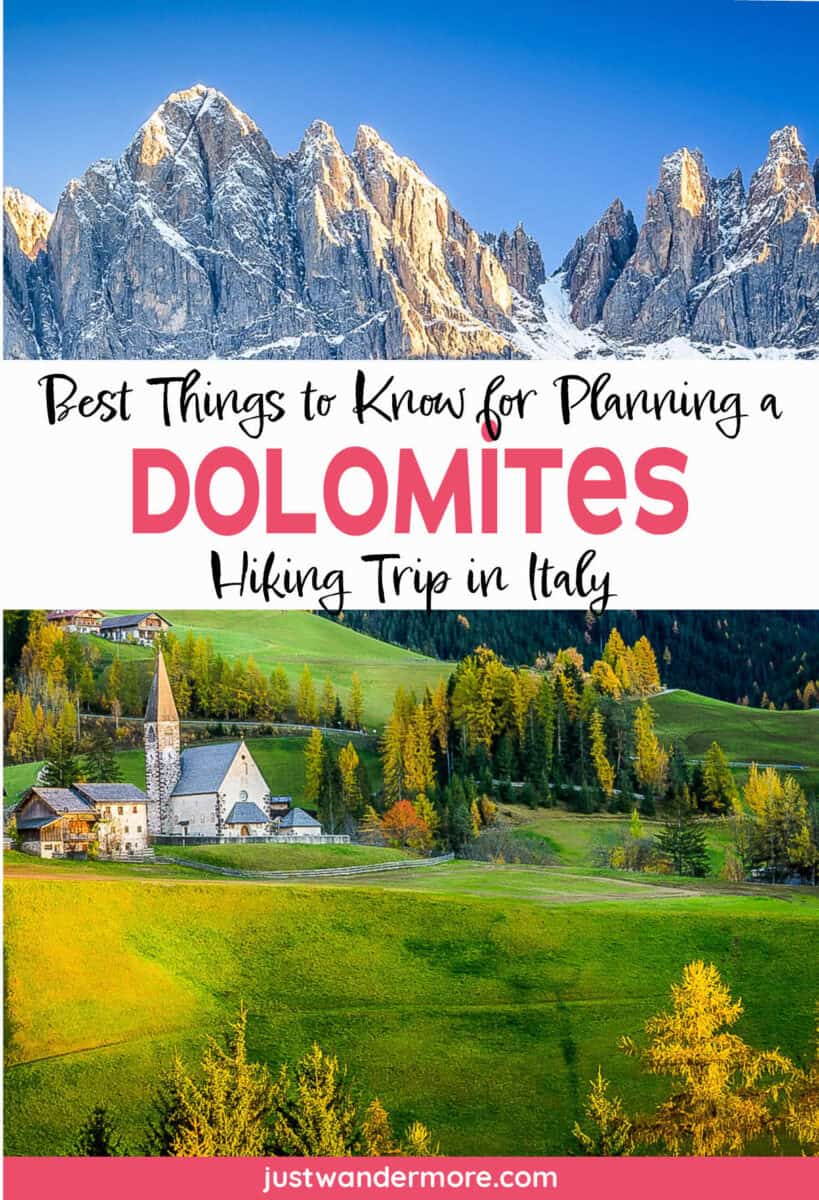 PlanningaDolomitesHikingTrip5 Snow-dusted Odle mountain peaks above Santa Maddalena village in the Dolomites, Italy.