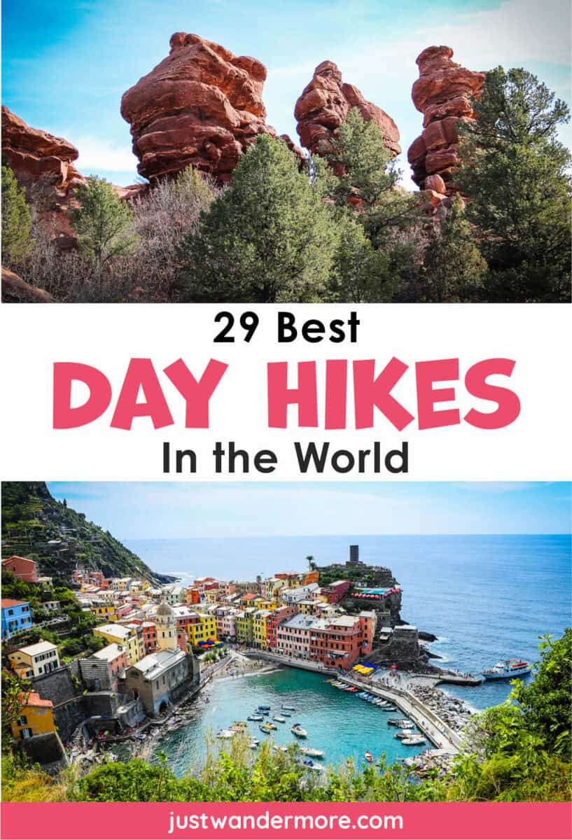 bestdayhikesintheworld5 Split-image Pinterest pin showing red rock formations in Colorado and the colorful harbor of Vernazza, Italy, with text reading 29 Best Day Hikes in the World.