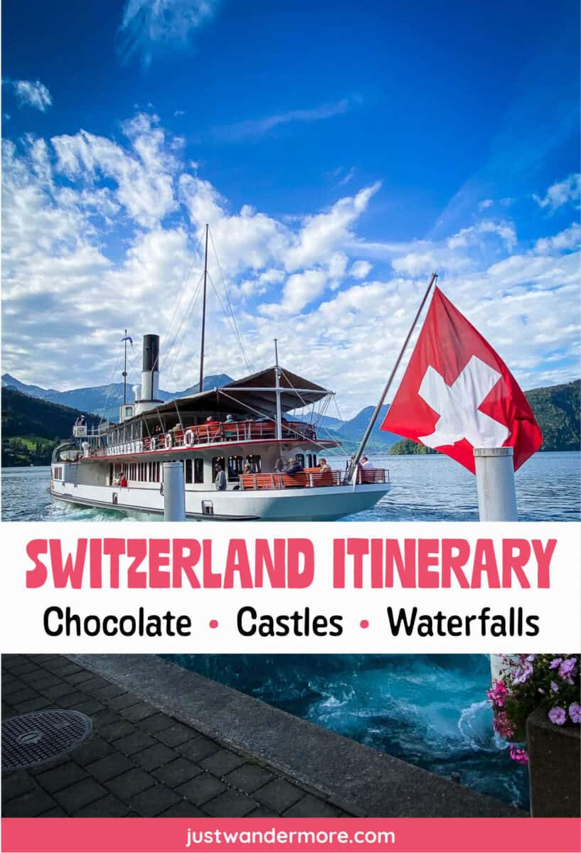 switzerlandItinerary1 Pinterest pin for a 5-day Switzerland itinerary featuring a lake steamboat and Swiss flag, with the text Switzerland Itinerary: Chocolate, Castles, Waterfalls.