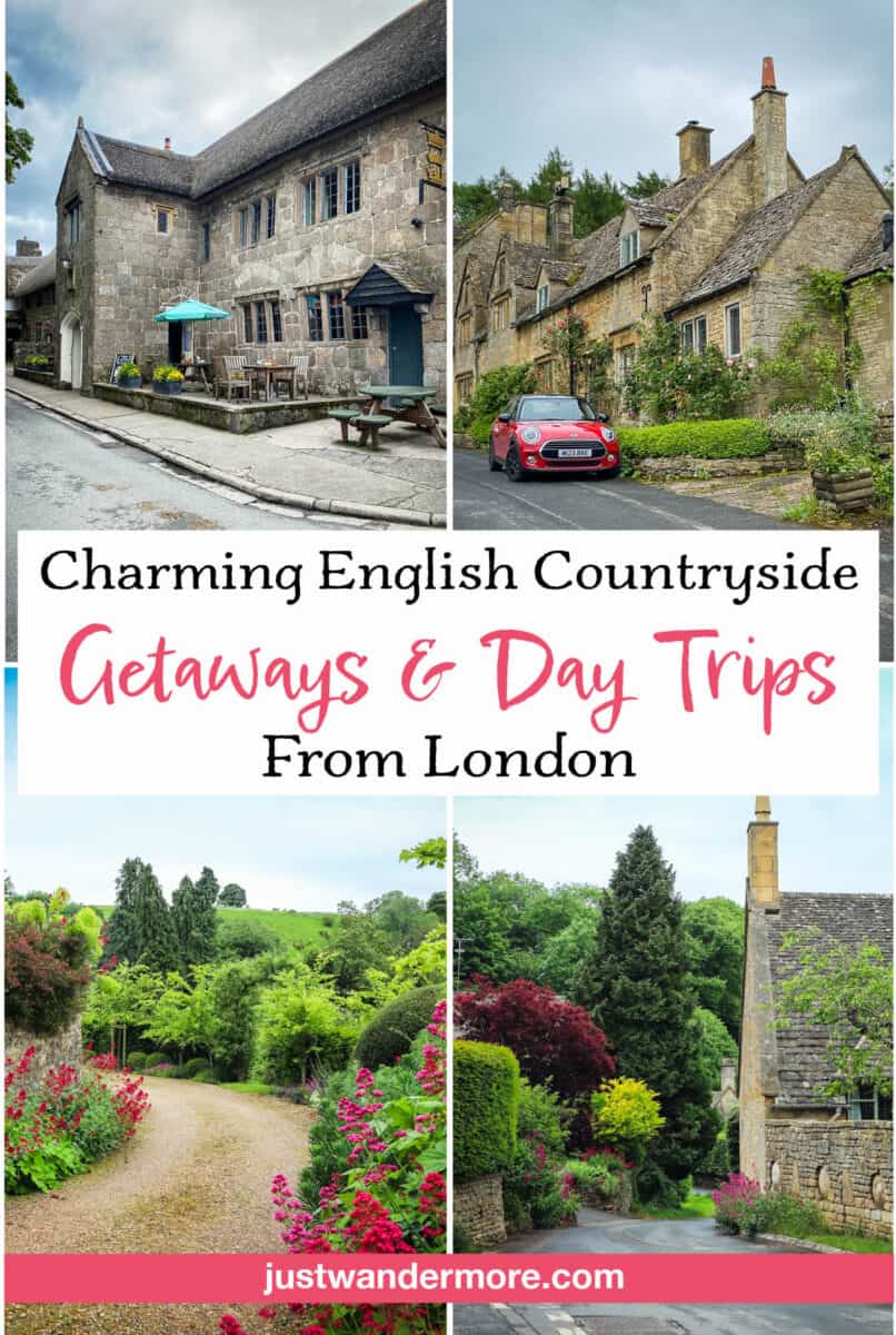 A Pinterest pin for charming English countryside getaways and day trips from London, featuring stone cottages, a flower-lined fence, a garden path, and grazing sheep.