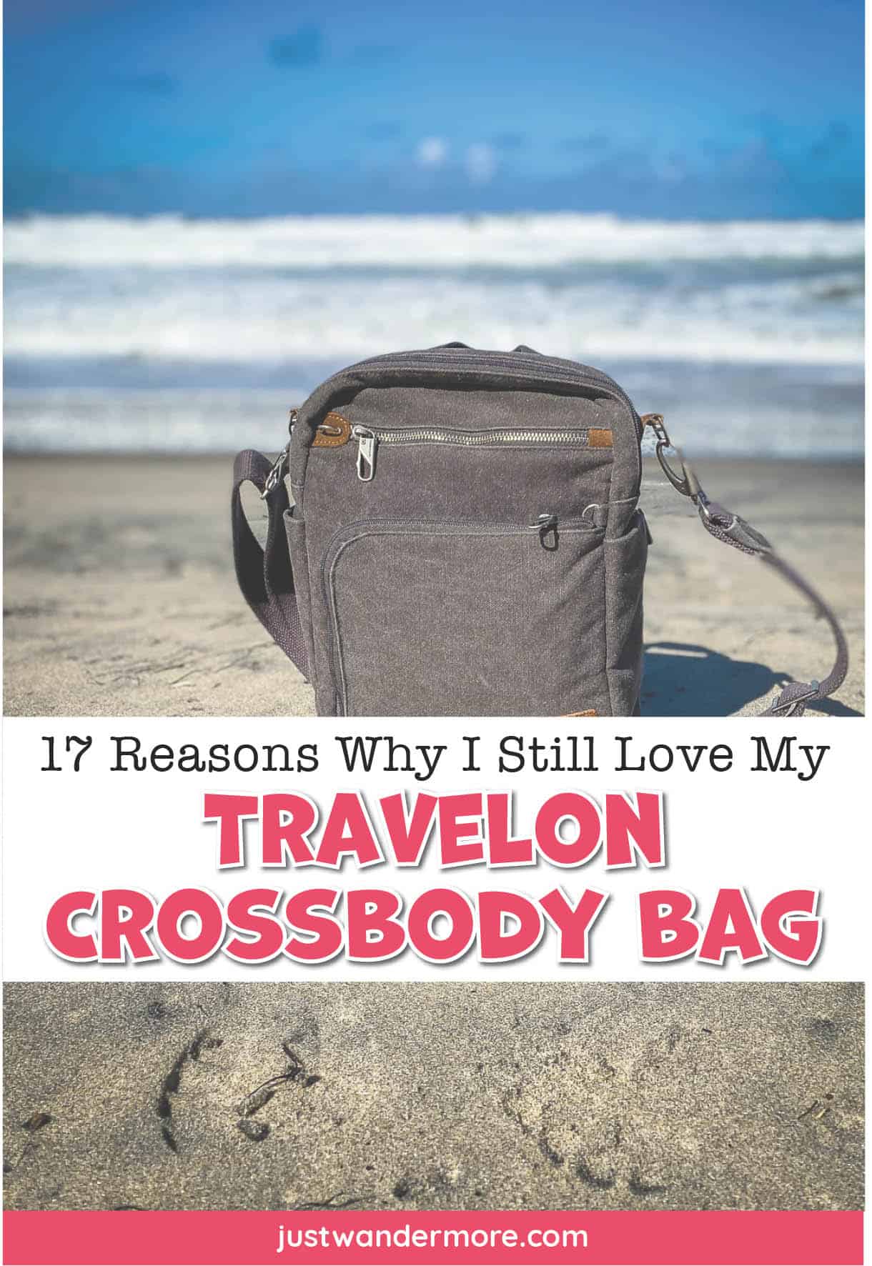 travelongcrossbody6 Pinterest pin for 17 Reasons I Still Love My Travelon Crossbody Bag, featuring the bag on a sandy beach.