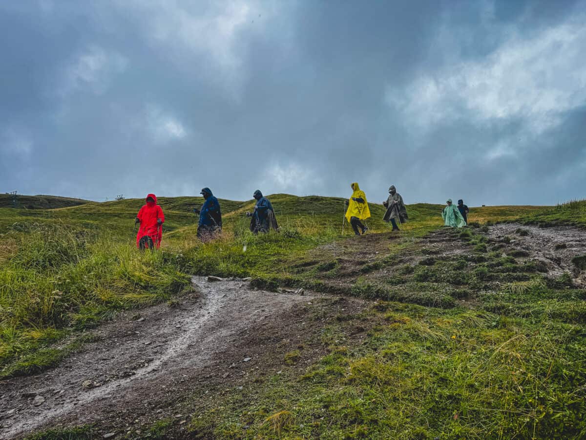 Hikers in colorful rain ponchos walk a muddy trail through fog on the Seceda ridge.