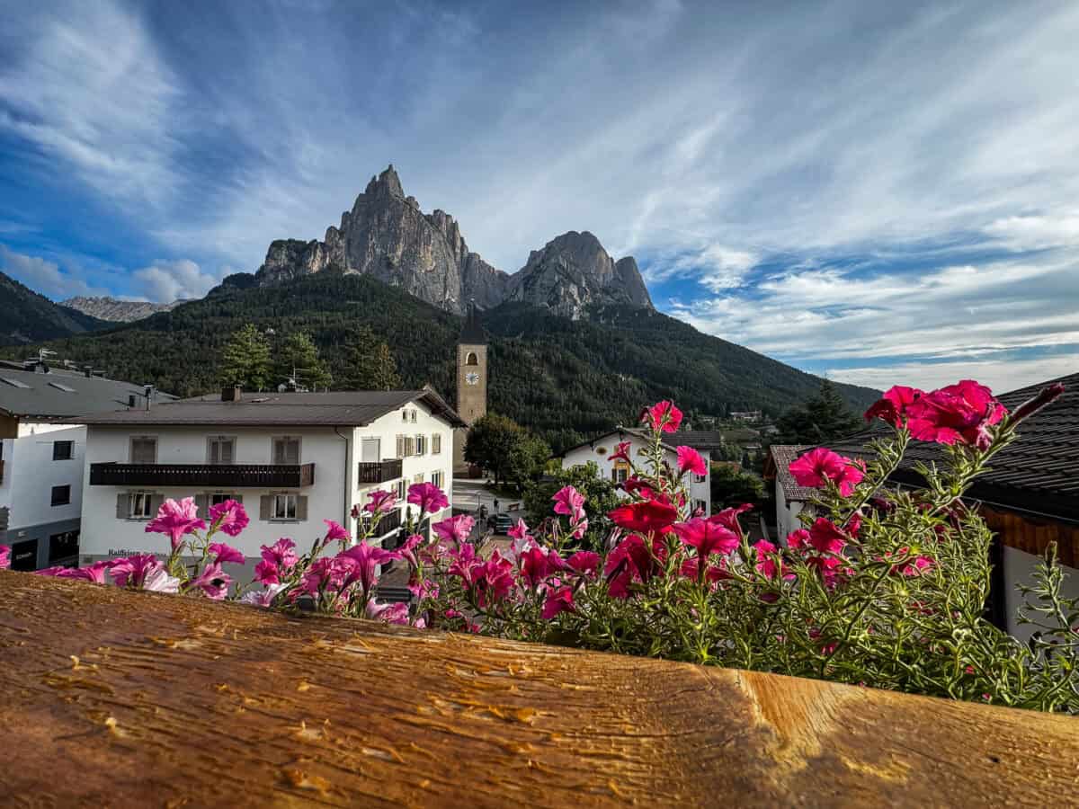 20260829 SiusiDolomitesItinerary 3278 Pink geraniums frame a village bell tower and the twin spires of the Sciliar massif, one of the best views on this Dolomites itinerary.
