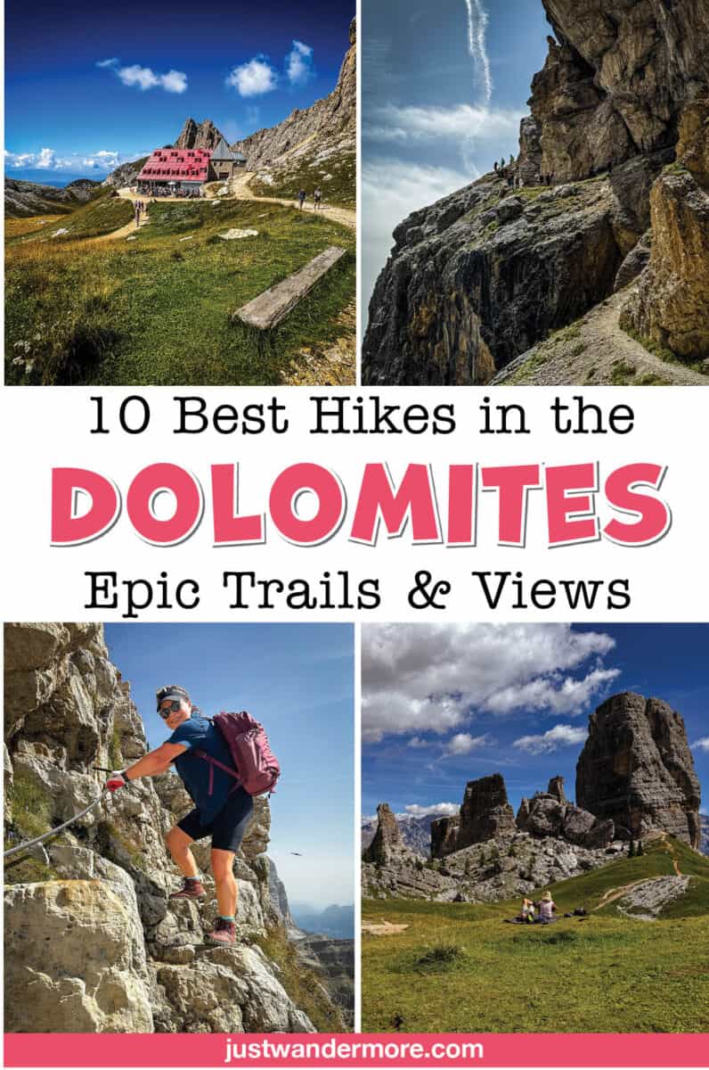 BestHikesintheDolomites1 e1789750682577 A four-photo collage of Dolomites hiking scenes: Rifugio Lagazuoi perched on a mountain ridge, hikers on a narrow cliffside trail, a climber gripping a cable on a via ferrata section, and the rock towers of Cinque Torri with people relaxing on the grass.