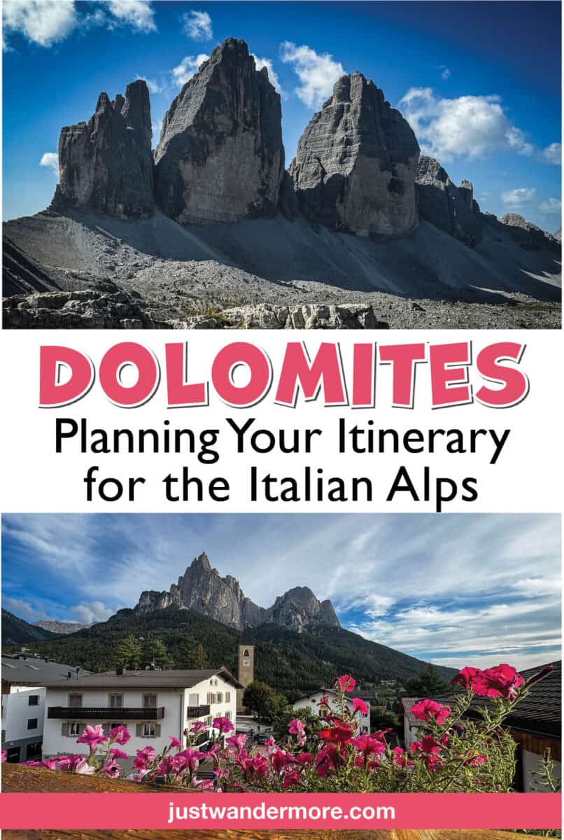 A Dolomites itinerary pin showing Tre Cime di Lavaredo and the village of Siusi below the Sciliar massif.