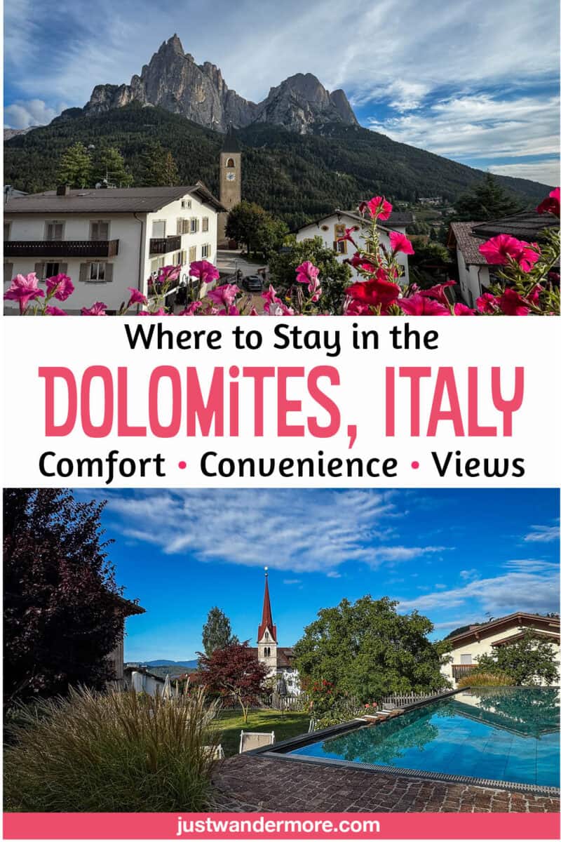 Wheretostayinthedolomitesitaly1 Sciliar peak, flower-covered village, and hotel pool showing where to stay in the Dolomites, Italy.