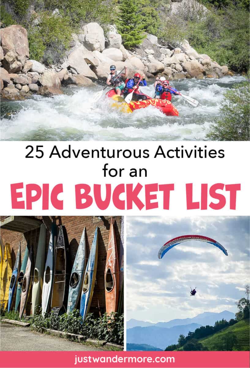Whitewater rafters, kayaks, and a paraglider representing 23 adventurous activities for an epic bucket list.