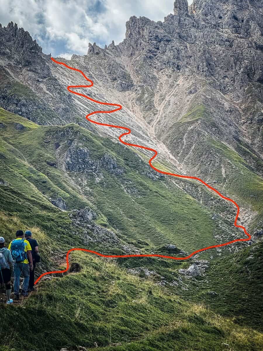 alpeditireshike A red line traces the steep zigzag switchbacks climbing a scree slope toward Sasso Piatto on the Alpe di Tires trail.
