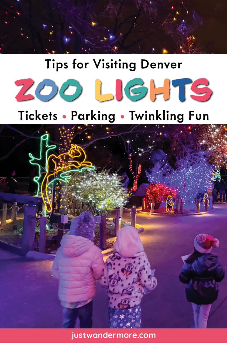 DenverZooLightsin December4 e1793303264483 Three bundled-up kids walking along a glowing path past colorful light displays and a lit animal sculpture at Denver Zoo Lights.