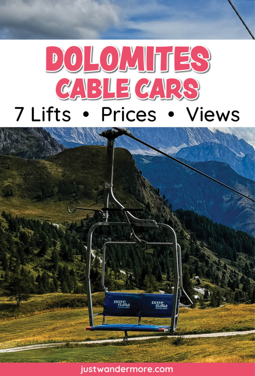 Blue chair on the Fedare chairlift above golden meadows and layered Dolomites peaks, with text reading Dolomites Cable Cars, 7 Lifts, Prices, Views.