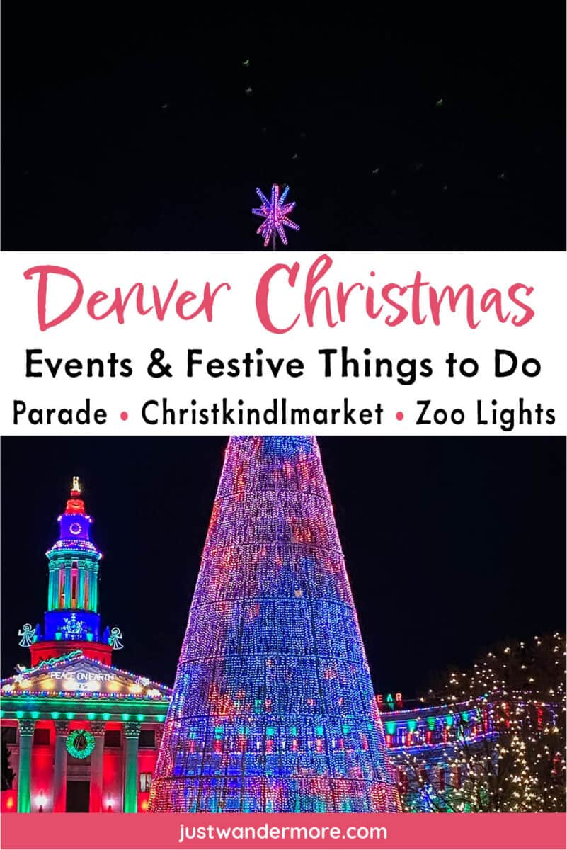 The glowing Mile High Tree beside the colorfully lit Denver City and County Building at night, with text reading “Denver Christmas Events & Festive Things to Do.”